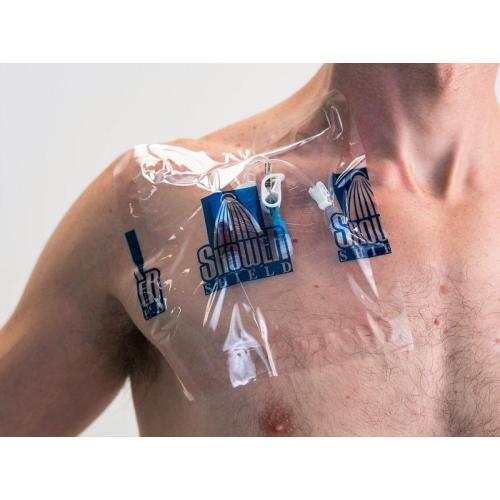 Transparent Shower Shield protecting a PICC line on a man's chest, waterproof wound cover for safe showering